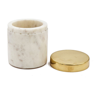 Banswara Marble With Brass Lid - Set of 6 - 3"Dia. x 3.5" - White/Gold