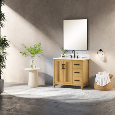 Meuble-lavabo et lavabo préassemblés de 91 cm (36 po) en bois massif, chêne naturel, style ferme moderne.