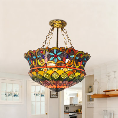 18 Inch Stained Glass Hanging Chandelier With Adjustable Chains, 5-light