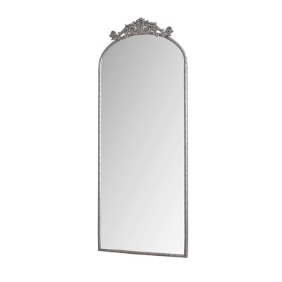 58"X24" Arched Full Body Mirror With Vintage Ornate Carved Applique On Top, Hanging Wall Mounted Mirror, For Living Room Bedroom Retro Home Decor Mirror, Antique Silver