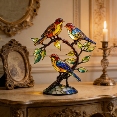 Stained Glass Style Birds On Branch Acrylic Figurine  Colorful Three Birds Tabletop Decor Vintage Art Ornament For Home Office Shelf Desk Gift For Bird