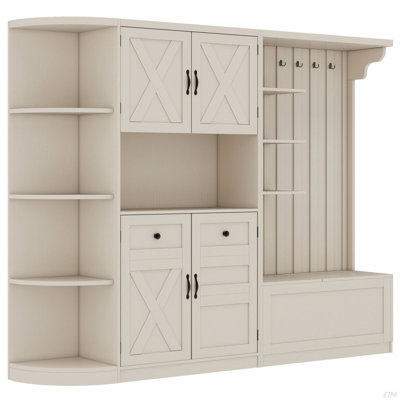Multifunctional Left-Right Combination Hall Cabinet (Can Be Used Separately) With Storage And 4 Hooks, Storage Cabinet/ Hall Tree 2 In 1 For Living Room, Kitchen And Hallway,Antique Beige (Cabinet)