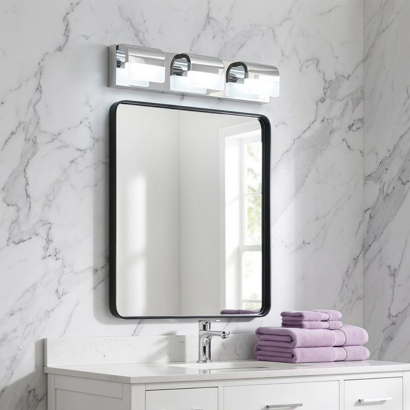 Applique murale de salle de bain moderne 22 po à 3 lumières DEL chromées courbées avec miroir, Chrome chrome, Trois lumières