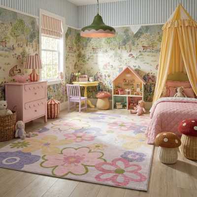 Tapis à motif floral rose / mauve pour enfant 7 pi x 10 pi (6 pi 7 po x 9 pi 6 po) Bloom Branch