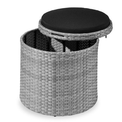  Round Wicker Ottoman, Multipurpose Furniture W/ Removable Cushion, Steel Frame - Gray/Black