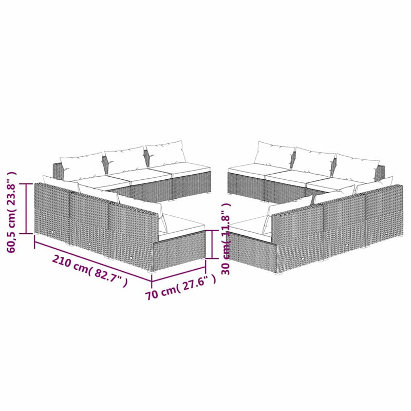 Ensemble modulaire de patio de 27,6 po de largeur avec coussins, 4 x milieu, Bleu, Noir