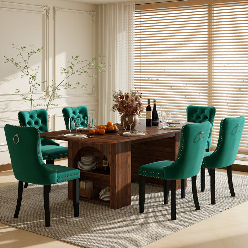 Ensemble de table et de chaises de salle à manger rectangulaire avec 4 à 6 chaises rembourrées en velours et rangement, style ferme moderne