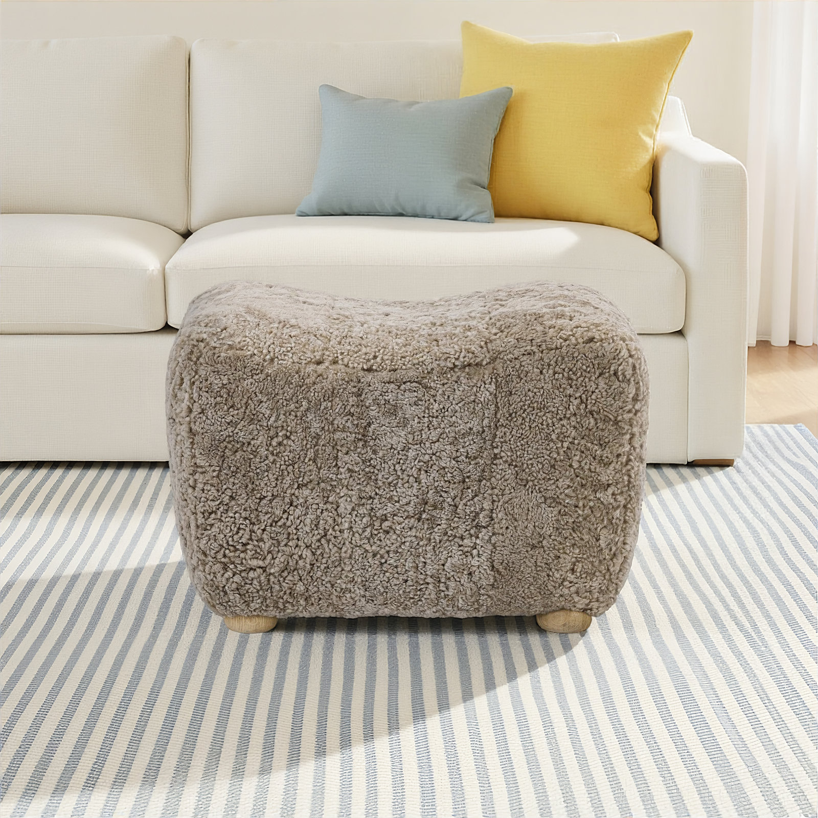 Oslo Ottoman, Taupe Shearling, Worn Oak