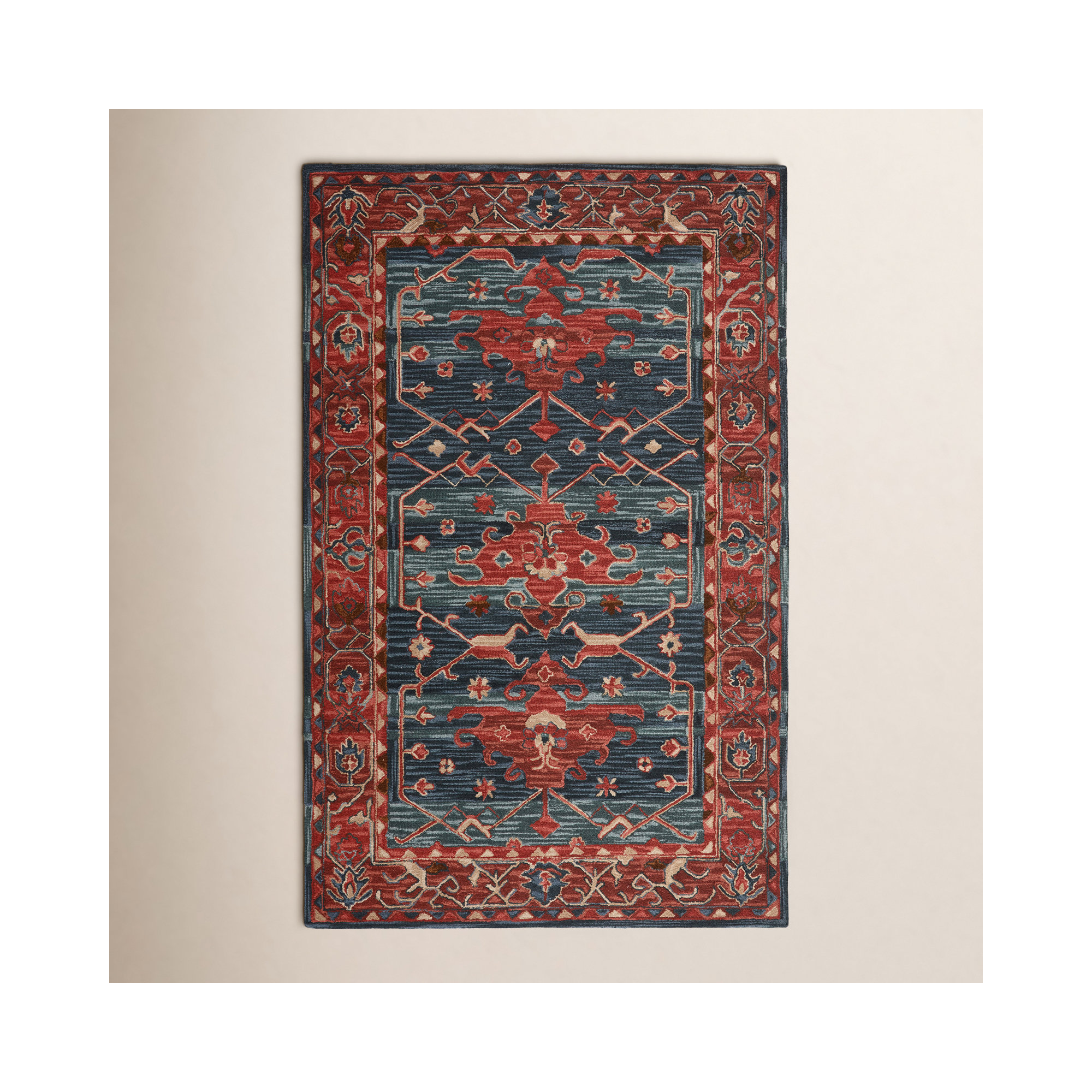 Handmade Wool Rust/Blue Rug, Rectangle 5' x 8'