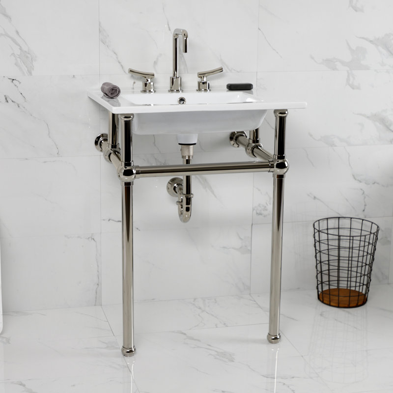 Kingston Brass Templeton 25-Inch Ceramic Console Sink with Brass Legs (8-Inch, 3-Hole), White/Polished Nickel