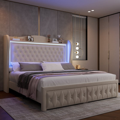 Kaliya Queen Velvet Upholstered Platform Bed: Wingback Headboard with LED Lighting & 2 Storage Drawers, Solid Wood Frame