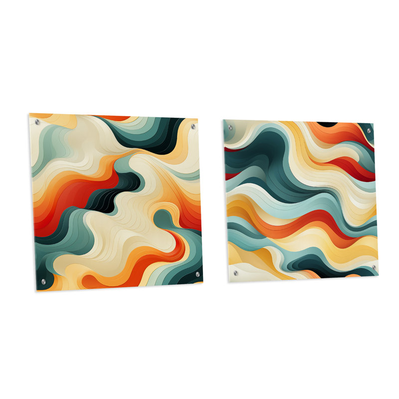 Nostalgic Mod Waves - Ensemble abstrait d'art mural en verre abstrait Mid-Century, H 16 po x l 33 po