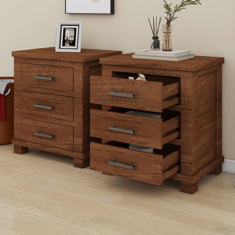 Ensemble de table de chevet rustique en bois massif à trois tiroirs Rustic