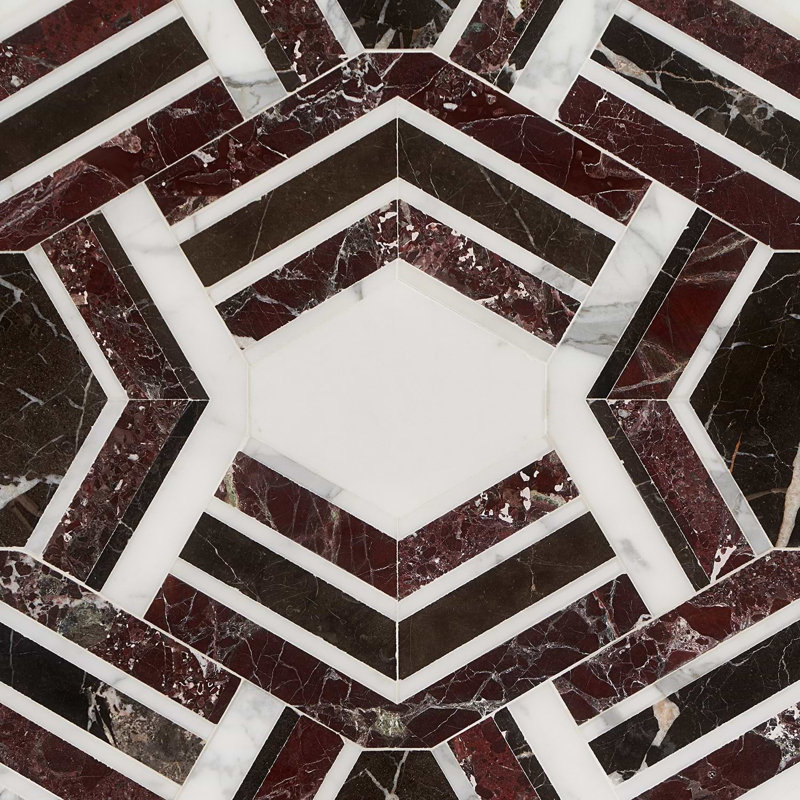 Mezzo 11x18 Polished Calacatta Marble Mosaic Tile, Bordeaux Polished