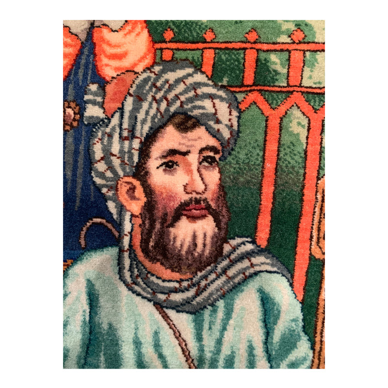 Tapis unique vert / bleu / beige noué à la main de 5 pi 8 po x 9 pi