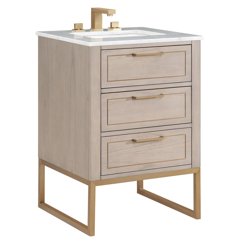 Markham 24'' Single Bathroom Vanity with Top, Cashmere Gray, Carrara Marble, Satin Brass