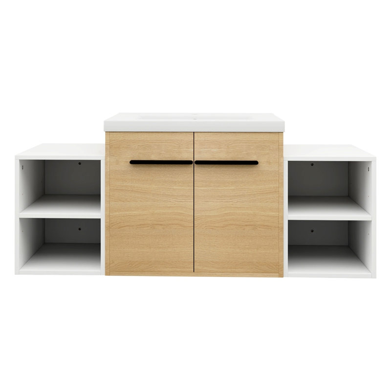 Ensemble de meuble-lavabo mural 48 po avec lavabo de comptoir en résine et 2 tablettes de rangement, 2 portes à fermeture douce (KD-Packing)