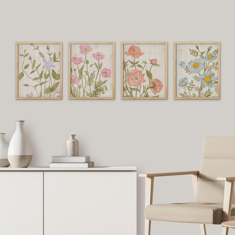 Wildflowers Floral Botanical, impression sur papier 4 pièces, Naturel, H 16 po x l 12 po