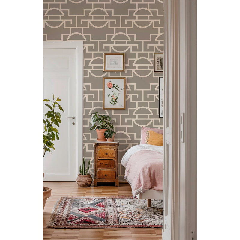 Shanghai Just Too Graphic 10' L x 24" W Wallpaper Roll, Earthen Taupe, Faux Grasscloth