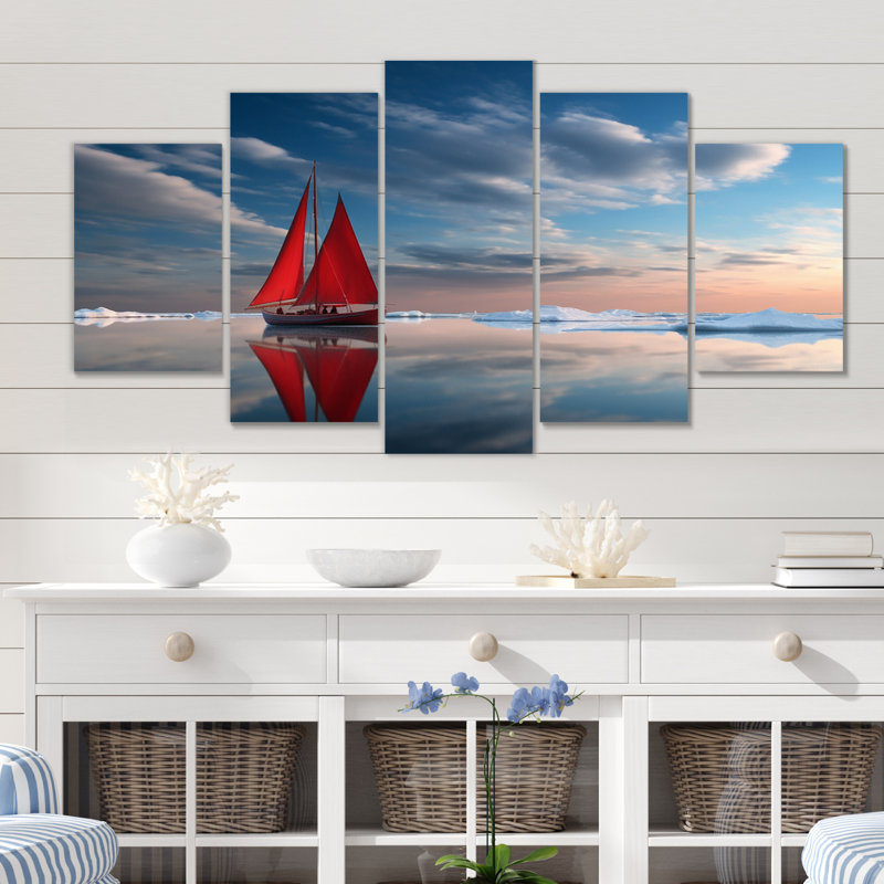 Voilier rouge arctique, tranquillité II, impression d'art sur toile - 5 panneaux