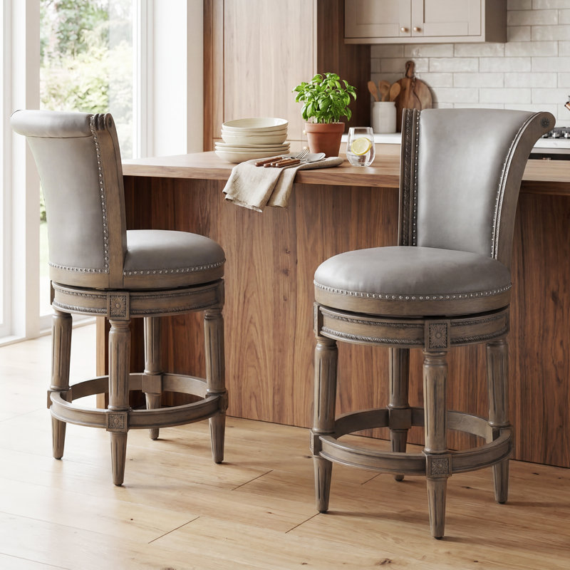Elveria Classic Upholstered Bar Stools With Wooden Frame And Nailhead Trim, Antique Oak, 6, Brown