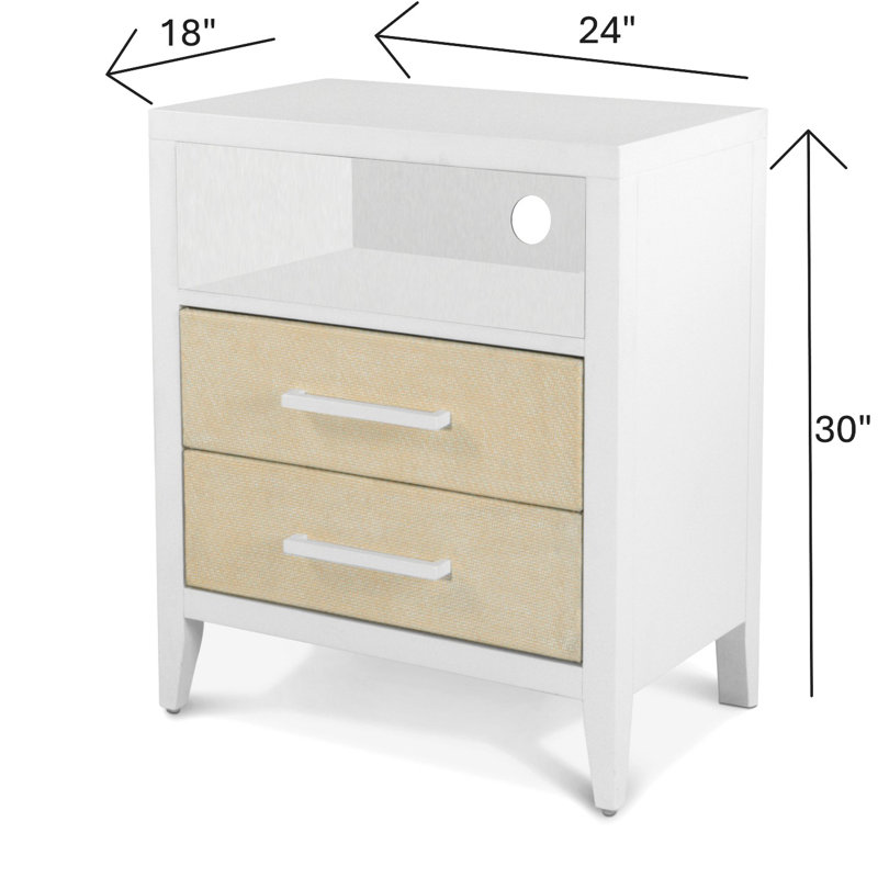 Table de chevet tressée Miramar à 2 tiroirs avec prises électriques et USB - Sable/Blanc