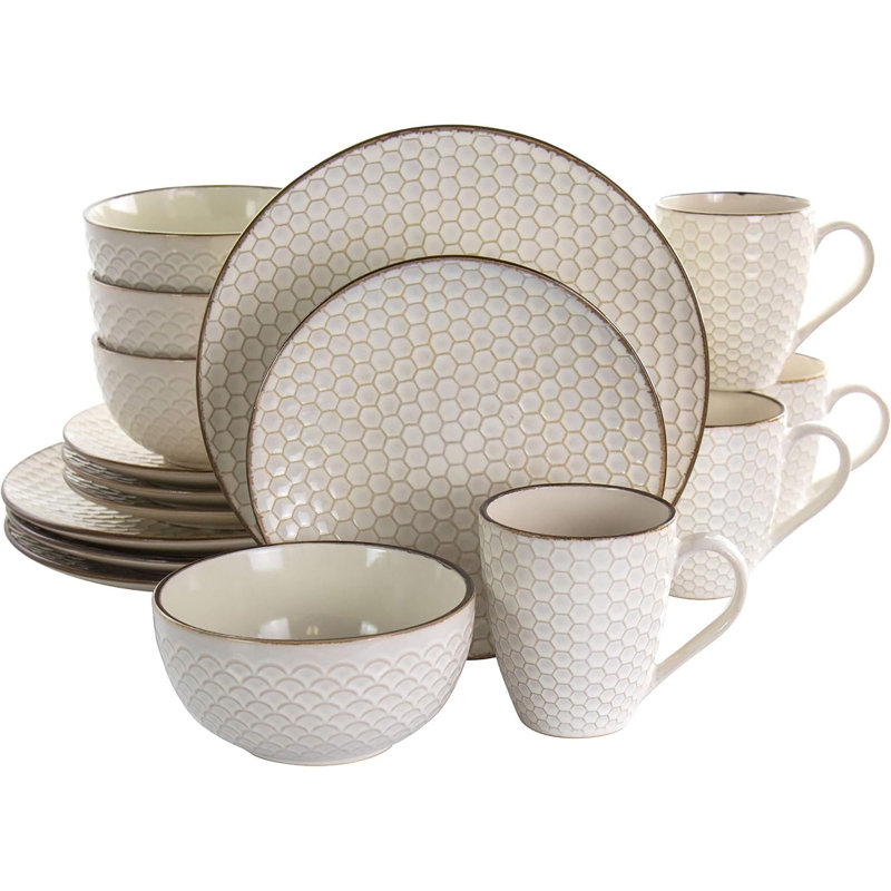 Service de table 16 pièces en grès ivoire, assiettes et bols texturés en nid d'abeille, vaisselle allant au micro-ondes et au lave-vaisselle pour un usage quotidien