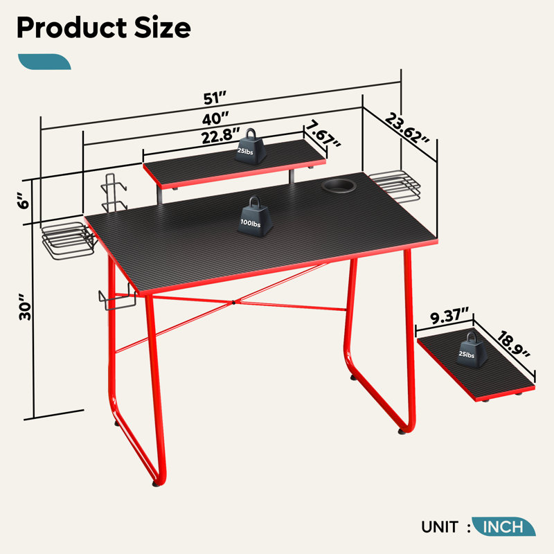 Granger Metal Base Computer Desk, Carbon Fiber Black/Red