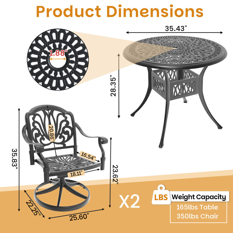 Ensemble de salle à manger bistro 3 pièces, table ronde de 90 cm avec trou pour parasol et 2 chaises pivotantes avec coussins bruns