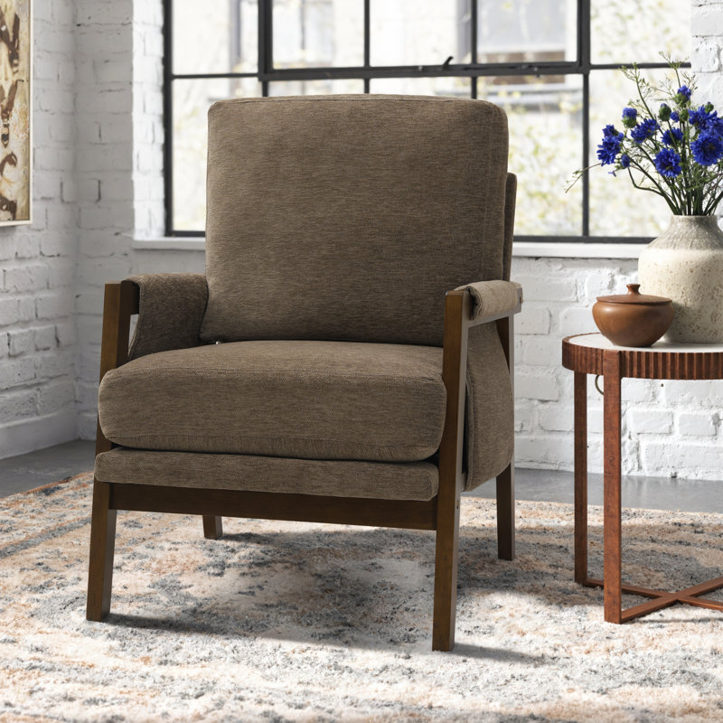 High Back Mid-Century Modern Accent Armchair with Solid Wood Frame and Plush Cushions for Living Room, Khaki