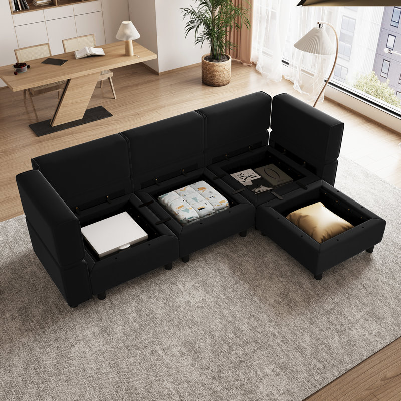 Canapé modulaire en L avec repose-pieds mobile, Velours noir, H 33,9 po x l 88,6 po x P 57,1 po