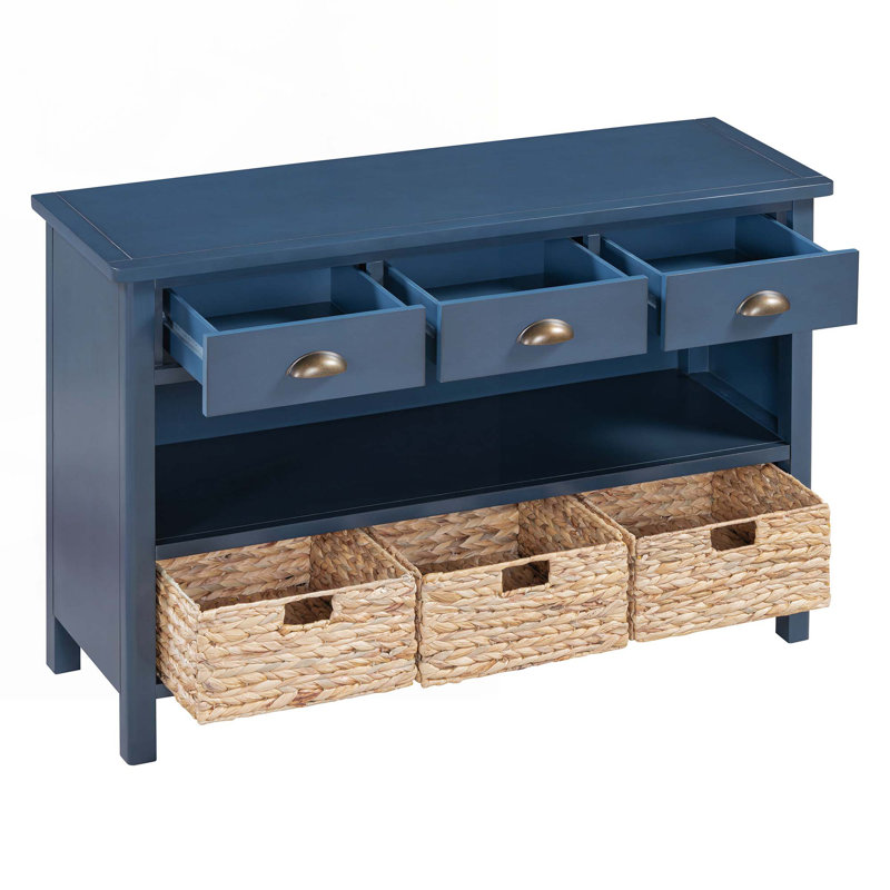 Retro Wooden Console Table with 3 Storage Drawers | Entryway Buffet Cabinet with 3 Water Hyacinth Woven Baskets, Accent Sofa Table for Hallway and Living Room
