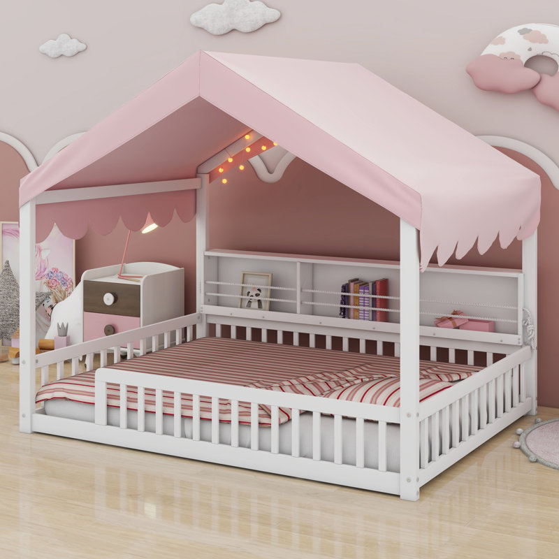 Wooden Floor House-Shaped Daybed With Fense,3 Storage Bookshelves,Curtain And LED Light, White/Pink