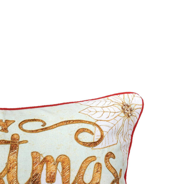 Merry Christmas Embroidered Cotton Throw Pillow with Poinsettia Design