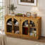  Buffet 4 portes en verre arqué, armoire de rangement en bois rétro avec tablettes réglables et trous pour câbles pour la cuisine, la salle à manger et le salon-1181391567