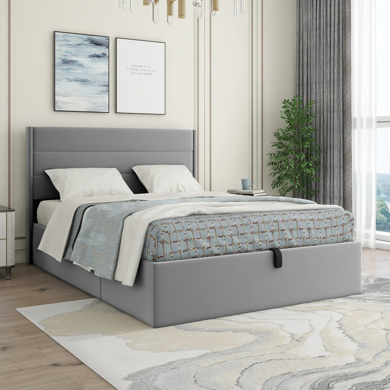 Full Gray Velvet Upholstered Storage Bed with Tufted Headboard