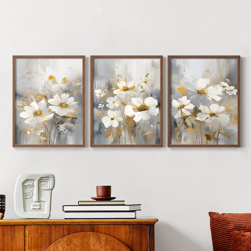 Étude florale CXLII -Set de 3 estampes numériques giclées -Prêt à, Cadre noyer, H 14 po x l 11 po