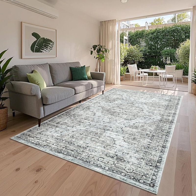 5X7 Blue Brown Vintage Floral Area Rug, Low Pile Non-Slip Washable Carpet For Living Room & Bedroom, Soft Foldable Mat