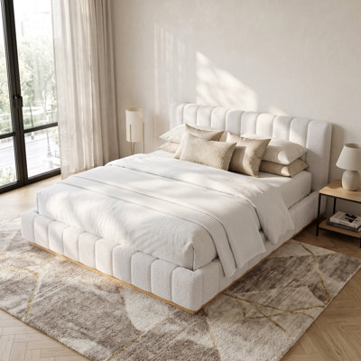 Modern King Size Bouclé Upholstered Platform Bed Frame, Low Profile Design with Wood Base, No Box Spring Needed