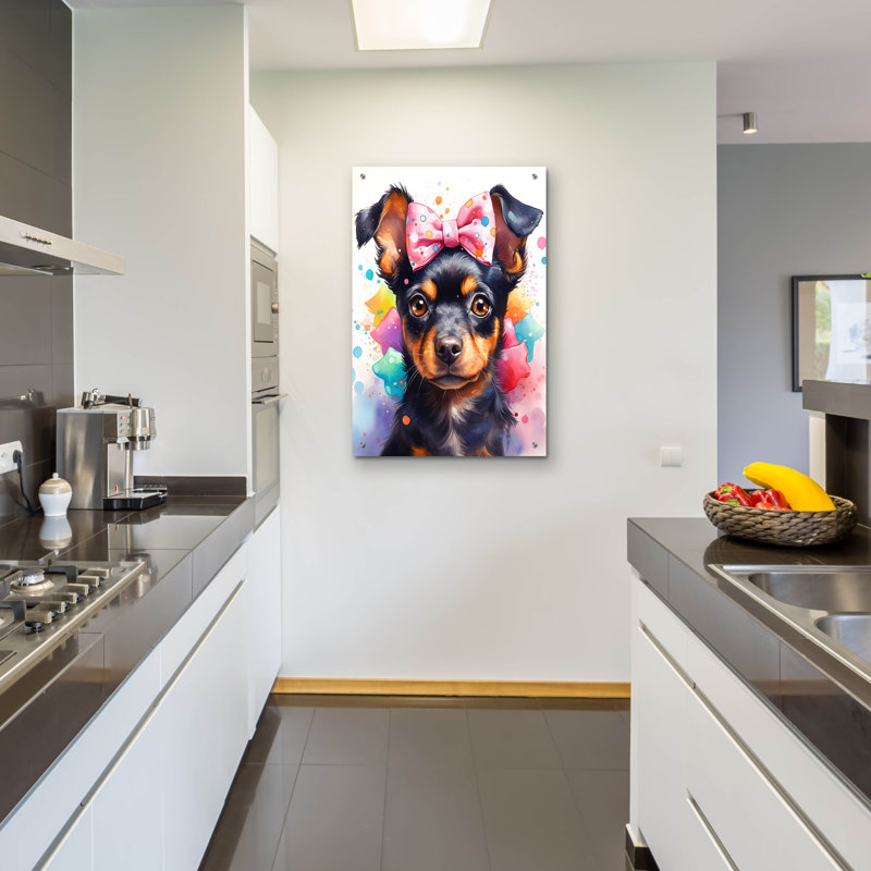 «Cute Dog With Pink Watercolor Bow» par Momart, art mural en verre acrylique, 24 po x 36 po, H 36 po x l 24 po x P 0,2 po