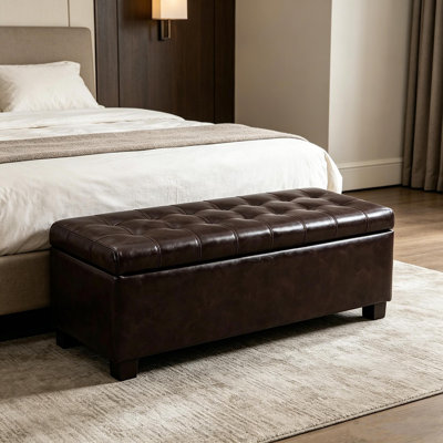 Repose-pieds avec rangement, banc de rangement, banc de chambre d'entrée touffeté, 49,75 pouces, charnières à couvercle facile, pieds en bois, cuir synthétique, capacité de charge de 300 lb, brun