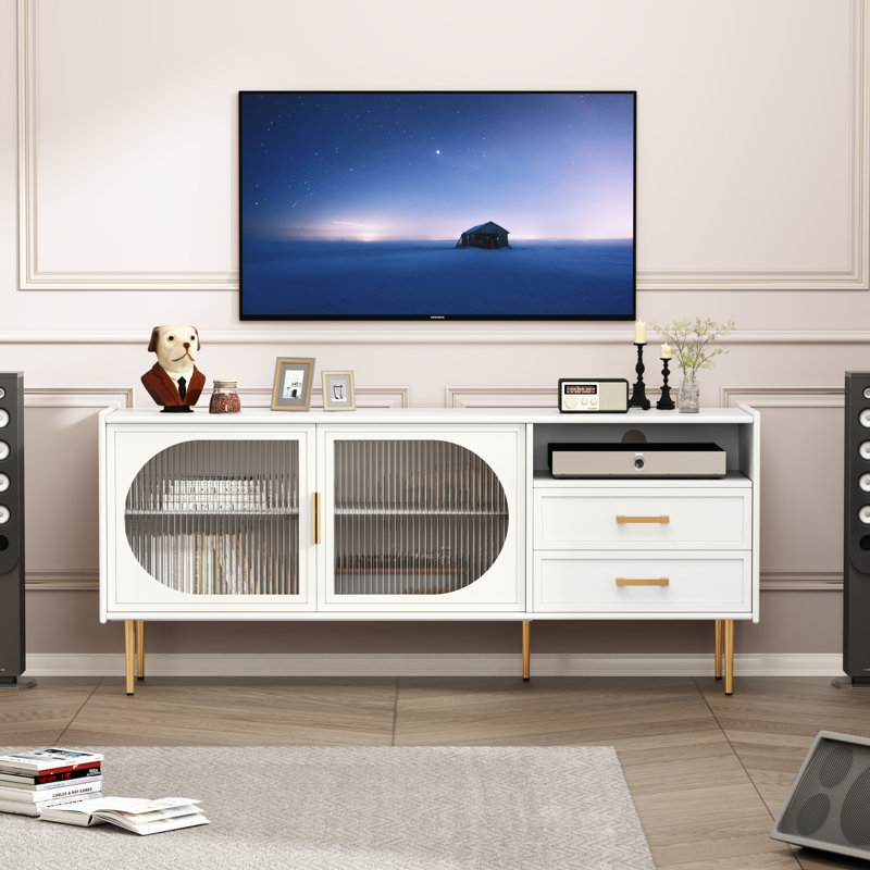 60-in Glass Door TV Stand with Drawers, White