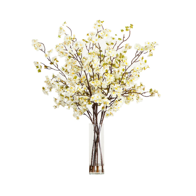32 po Arrangement de fleurs de cerisier artificielles dans un vase en verre cylindrique, Blanc