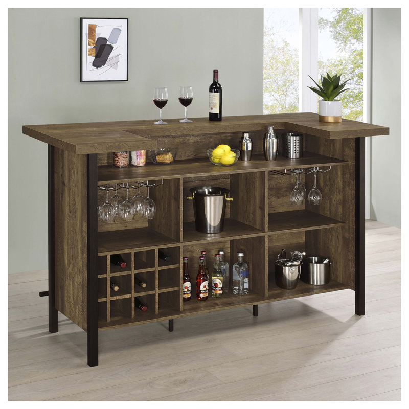 Bar autoportant en chêne rustique avec rangement pour bouteilles de vin et porte-verres Lampton