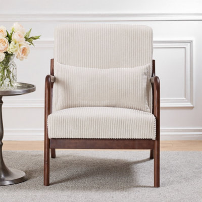 Mid-Century Modern Accent Chair & Coffee Table Set – Vintage Luxury 2-Piece Set: Beige Leisure Chair + Walnut-Tone Side Table – Rubberwood Frame, Ergonomic Design for Living Room, Bedroom Relaxation Area