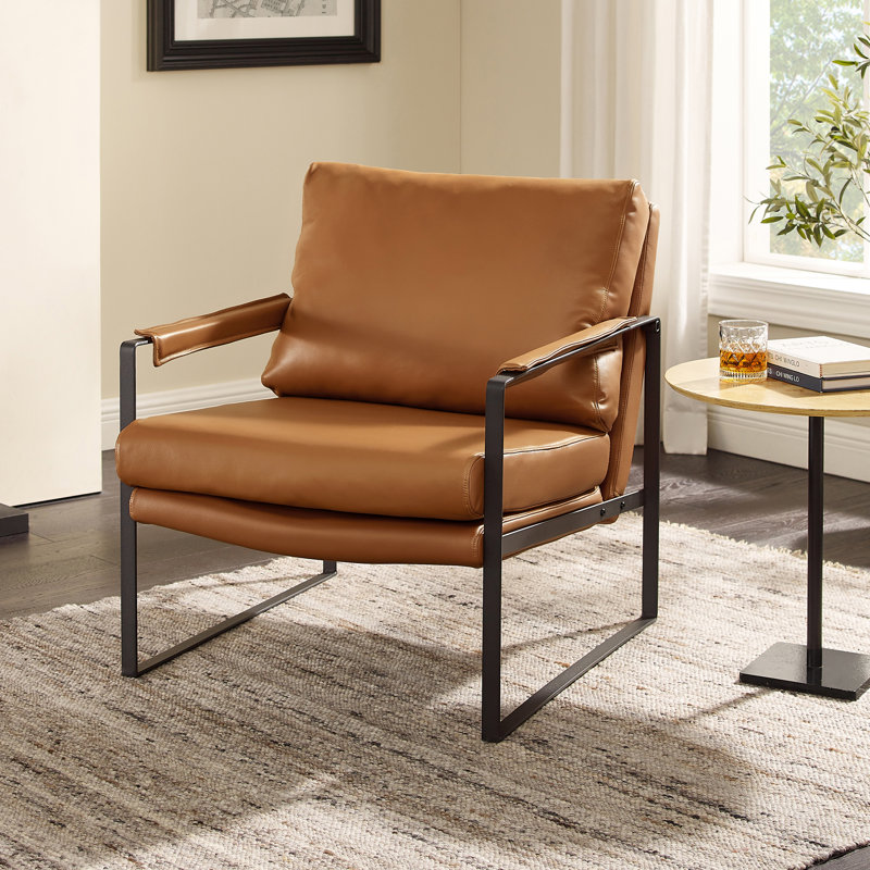 Mirsade 27.09'' W Leather Upholstered Accent Armchair, Brown Genuine Leather