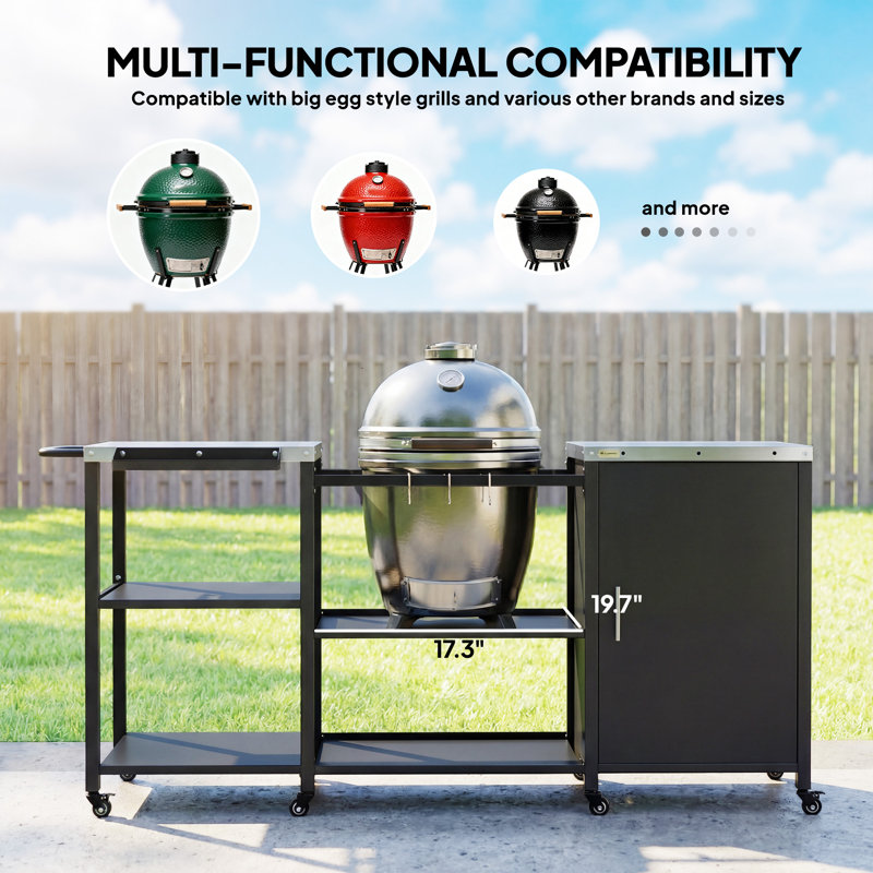 Table de barbecue pour barbecue Big Green Egg, table de préparation pour barbecue en métal robuste avec plateau en acier inoxydable, armoire de rangement, support à épices, porte-serviettes en papier, îlot de cuisine extérieur avec roues, crochets, poignée