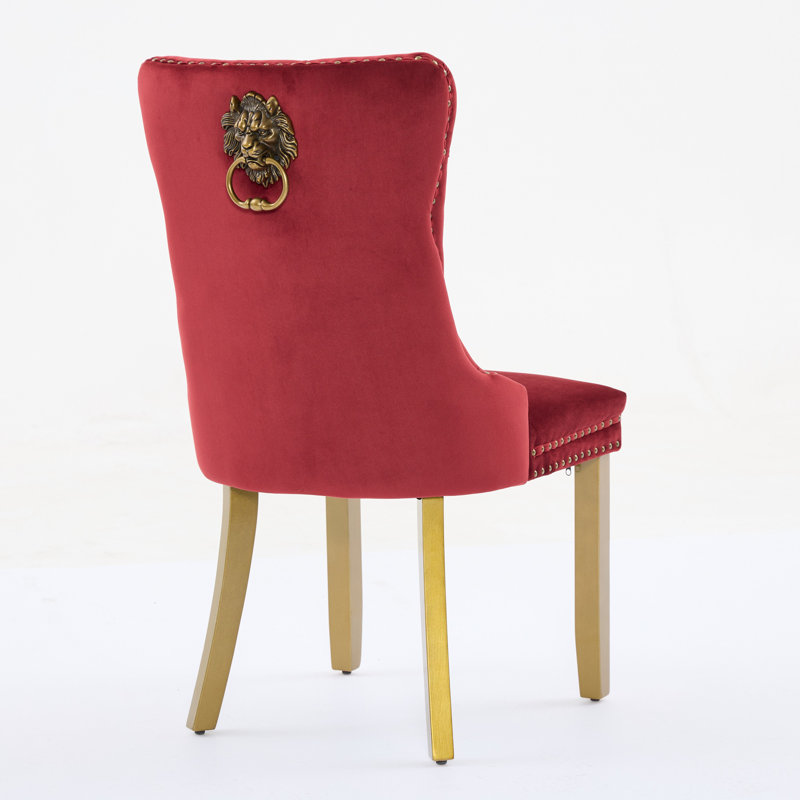Contemporary Tufted Velvet Parsons Chair, Nailhead Trim & Back Ring, Velvet Wine Red, Gold, 2