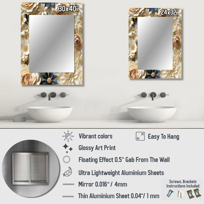 Jackson Cream Lace Botanics - Floral Unique Mirror, Cottage Large Wall Mirror, Printed Metal Art, 32" x 24"
