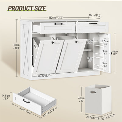 Double Tilt Out Laundry Hamper Cabinet, 43.3" Laundry Storage Cabinet with 2 Removable Baskets, Farmhouse Wooden Hidden Trash Bin Cabinet with Open Shelving
